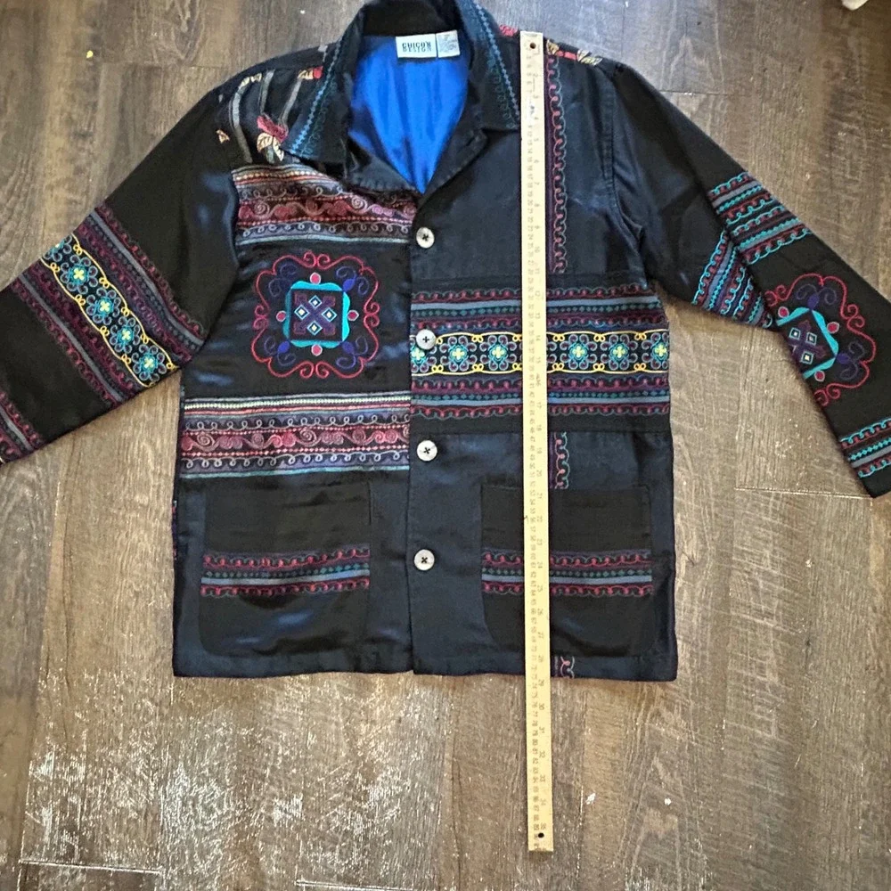 Chicos Design Vintage Silk Embroidered Jacquard Jacket Black Floral Boho Size 1